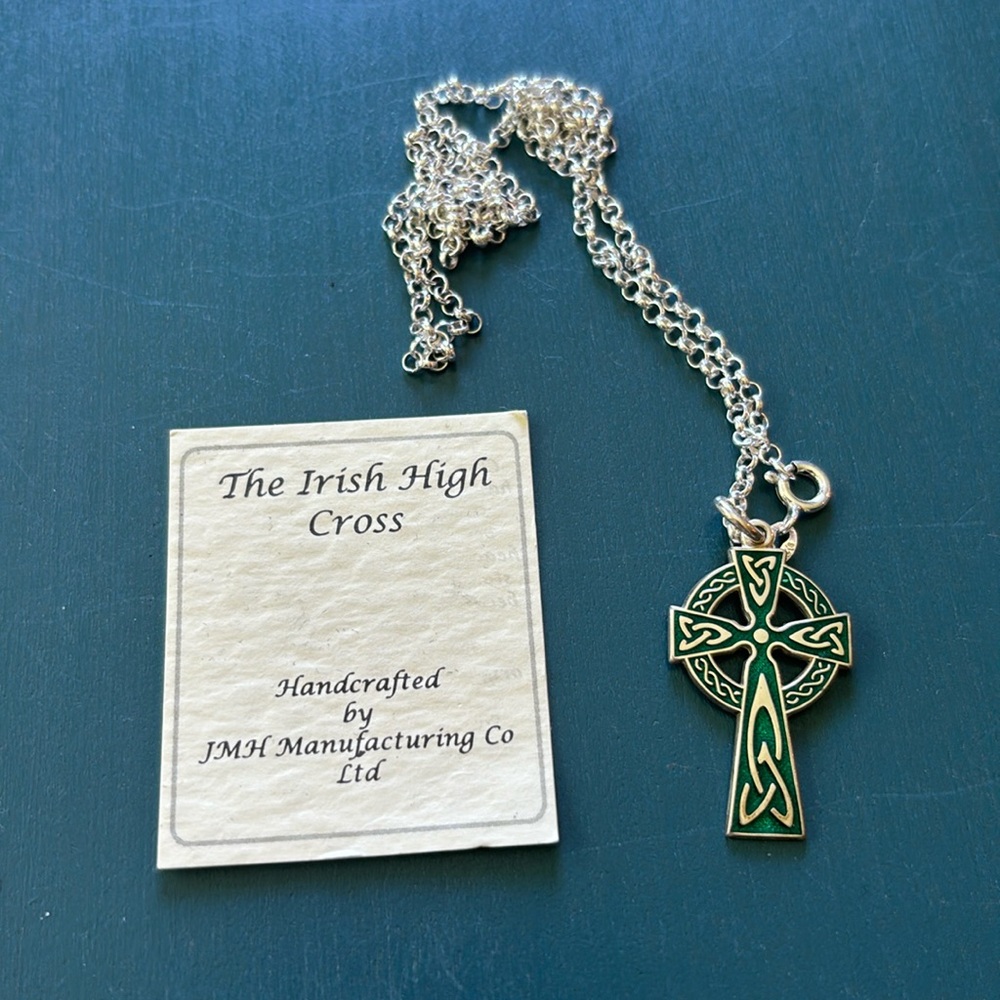 Silver and Green Celtic Cross Necklace